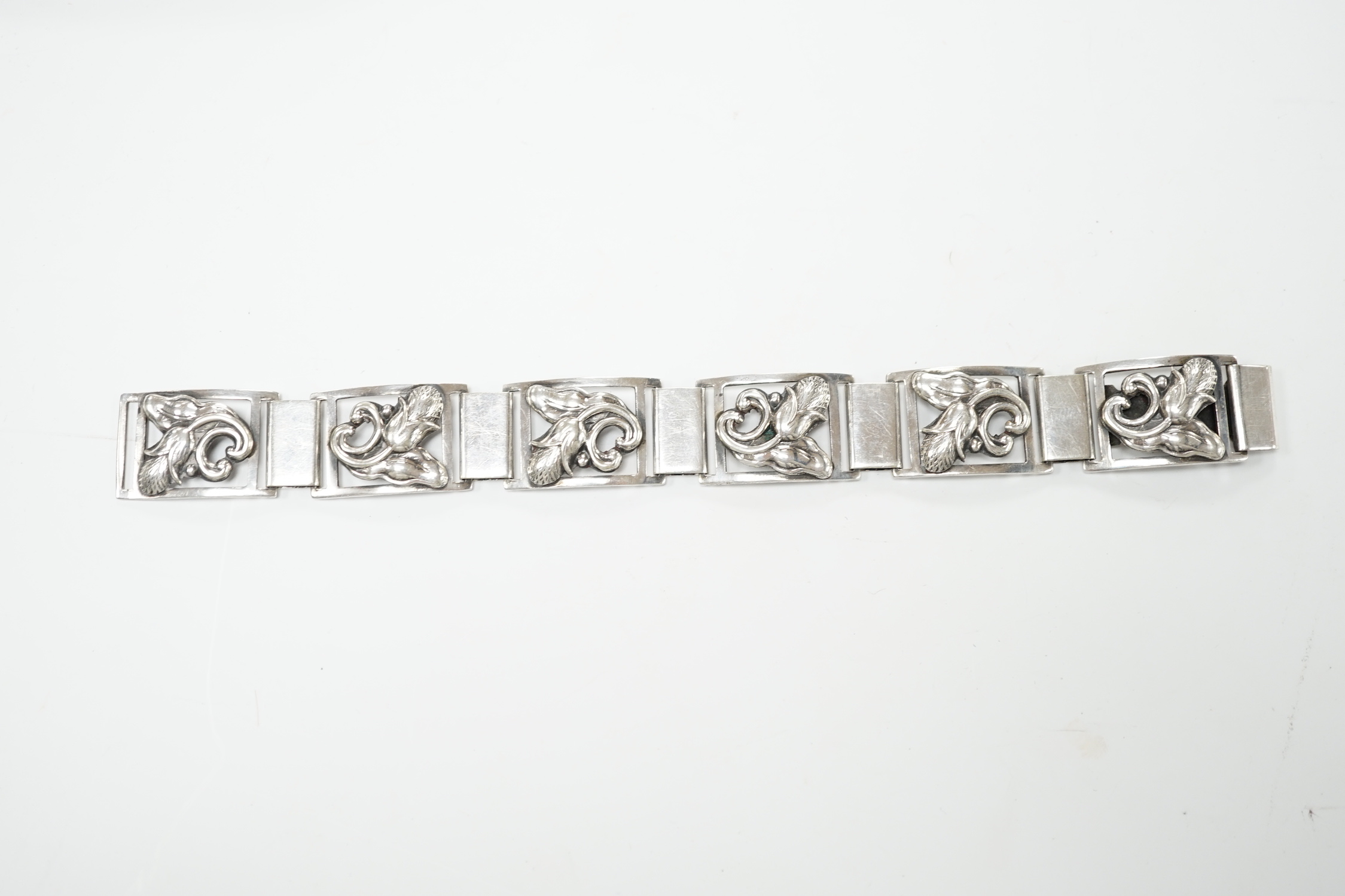 A mid 20th century Danish 830S white metal foliate link bracelet, by Grenol Eneret, overall 18.5cm.